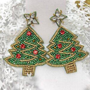 Handmade Beaded Earring, Tree Green & Gold